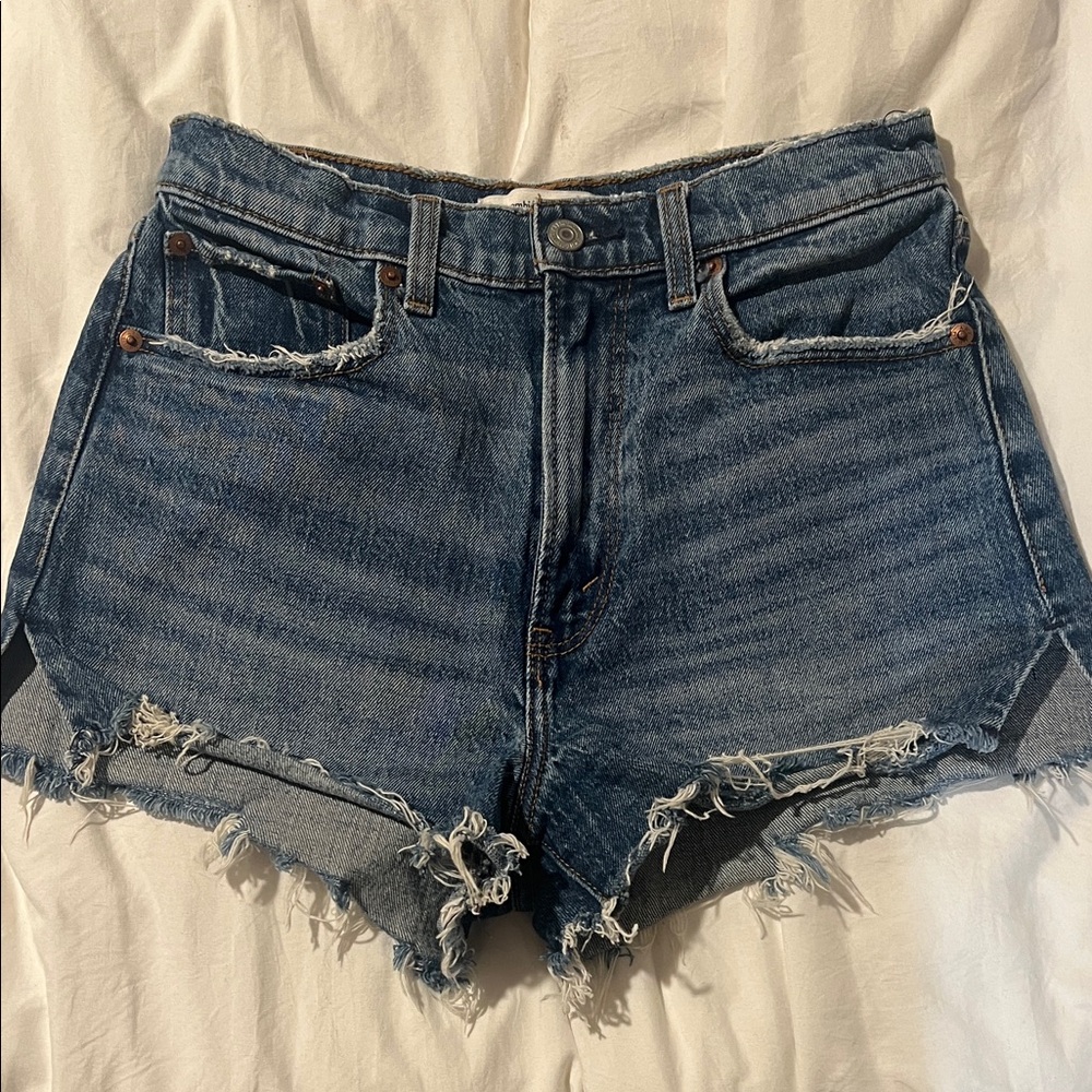Abercrombie High-Rise Distressed Denim Shorts - Blue